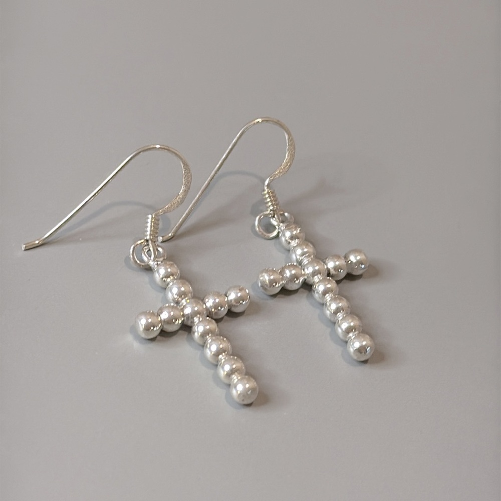 Sterling Silver Bead Cross Earrings